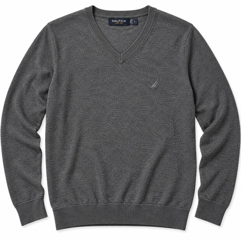 Nautica Mens V-Neck Sweater Large Gray 100% Cotton Long Sleeve Pullover Knit